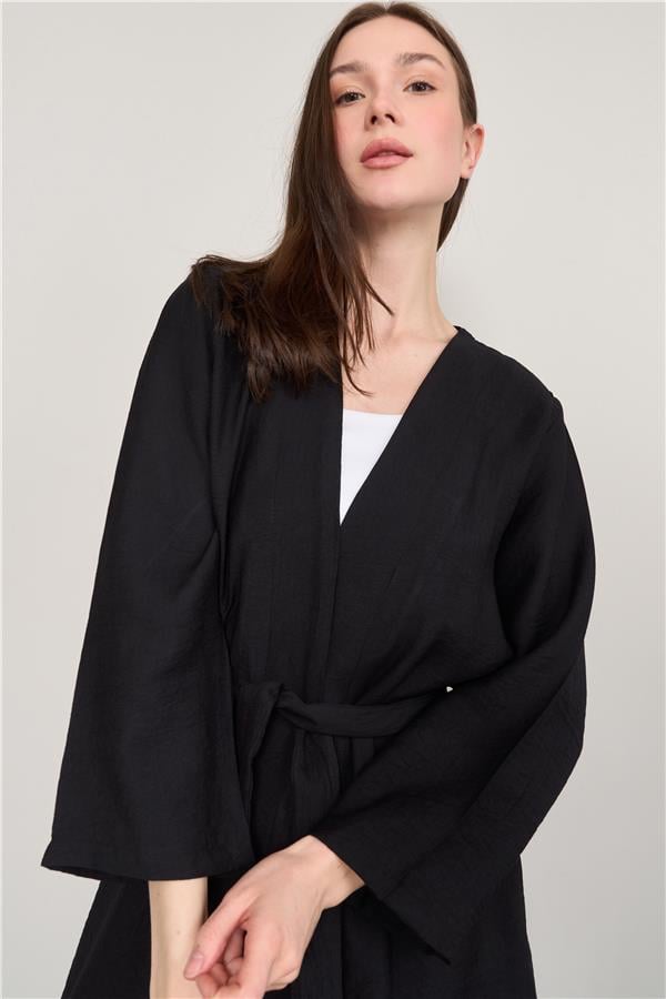Çetinkaya Fithit 5157 Kadın Kuşaklı Kimono Ceket Siyah
