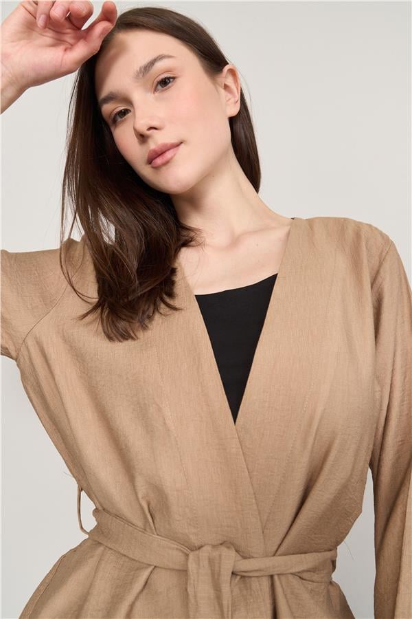 Çetinkaya Fithit 5157 Kadın Kuşaklı Kimono Ceket Vizon