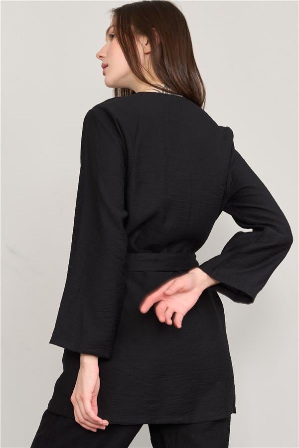 Çetinkaya Fithit 5157 Kadın Kuşaklı Kimono Ceket Siyah