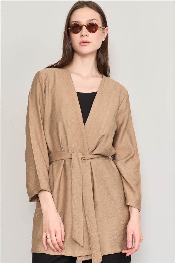 Çetinkaya Fithit 5157 Kadın Kuşaklı Kimono Ceket Vizon
