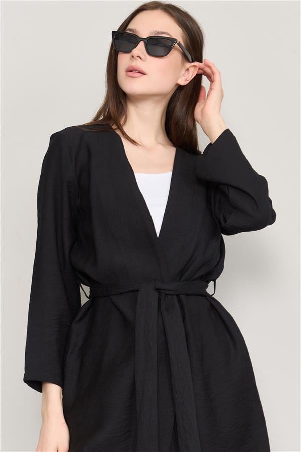 Çetinkaya Fithit 5157 Kadın Kuşaklı Kimono Ceket Siyah