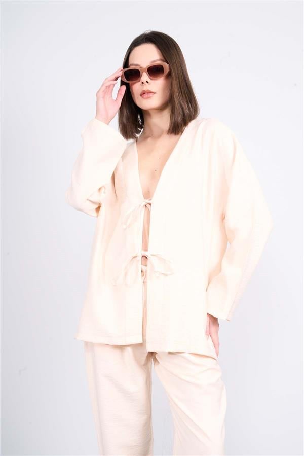 Çetinkaya Fithit 5182 Kadın Bağcıklı Rossi Kimono Ceket Bej