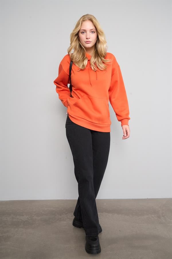 Çetinkaya Fithit 8156 Kadın Kapüşonlu 3 İplik Şardonlu Basic Sweatshirt Oranj