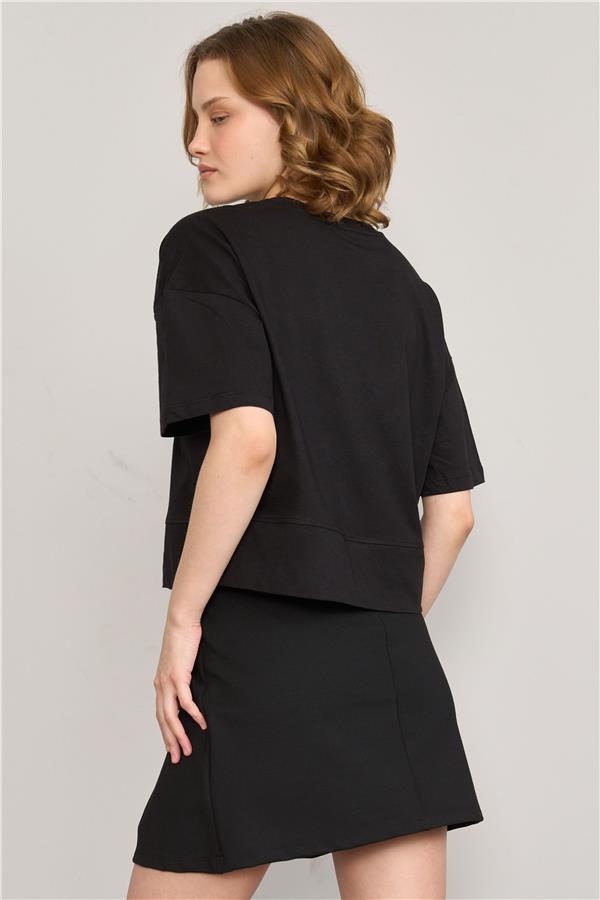 Çetinkaya Fithit 8260 Bayan Bisiklet Yaka 30/1 Penye Süprem Yırtmaçlı Crop T-shirt Siyah