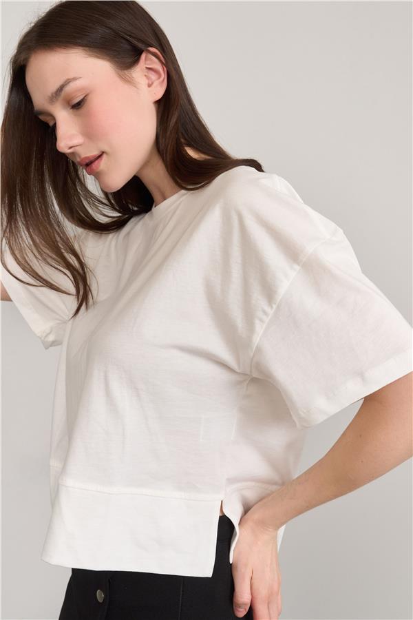 Çetinkaya Fithit 8260 Bayan Bisiklet Yaka 30/1 Penye Süprem Yırtmaçlı Crop T-shirt Krem