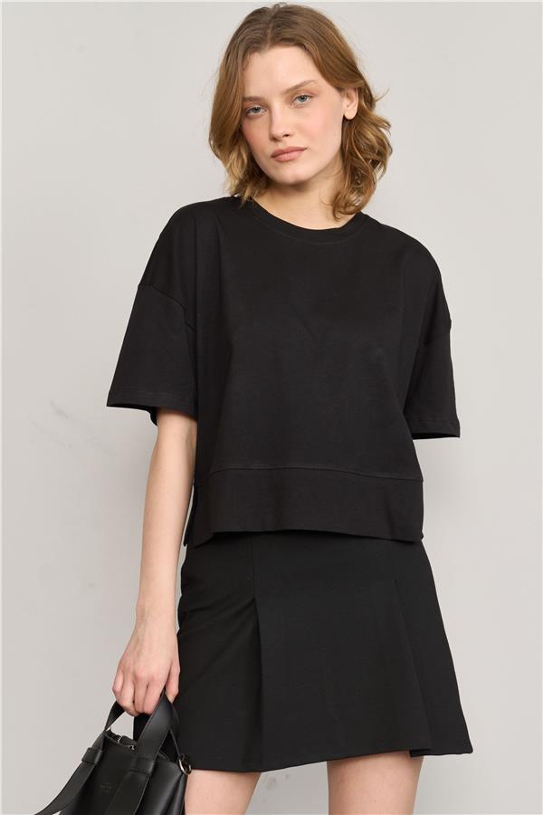 Çetinkaya Fithit 8260 Bayan Bisiklet Yaka 30/1 Penye Süprem Yırtmaçlı Crop T-shirt Siyah