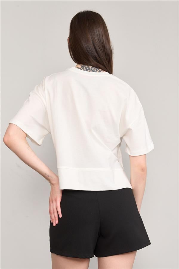 Çetinkaya Fithit 8260 Bayan Bisiklet Yaka 30/1 Penye Süprem Yırtmaçlı Crop T-shirt Krem
