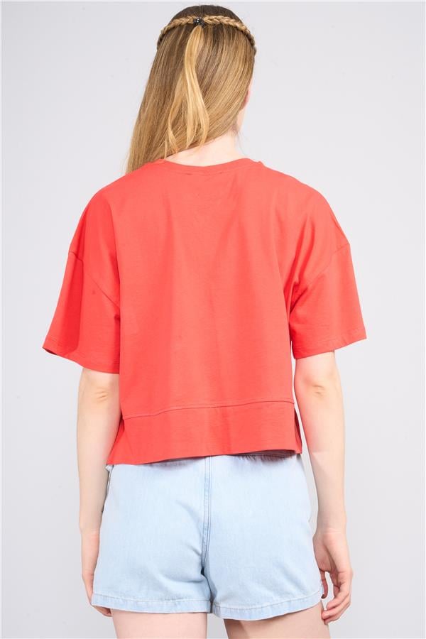 Çetinkaya Fithit 8260 Bayan Bisiklet Yaka 30/1 Penye Süprem Yırtmaçlı Crop T-shirt Nar Çiçeği
