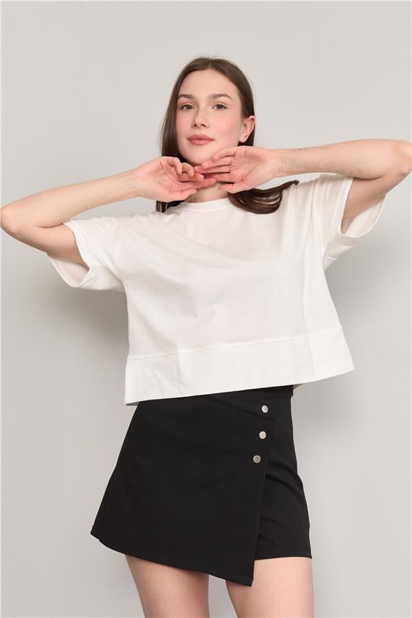 Çetinkaya Fithit 8260 Bayan Bisiklet Yaka 30/1 Penye Süprem Yırtmaçlı Crop T-shirt Krem