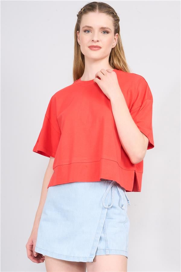 Çetinkaya Fithit 8260 Bayan Bisiklet Yaka 30/1 Penye Süprem Yırtmaçlı Crop T-shirt Nar Çiçeği