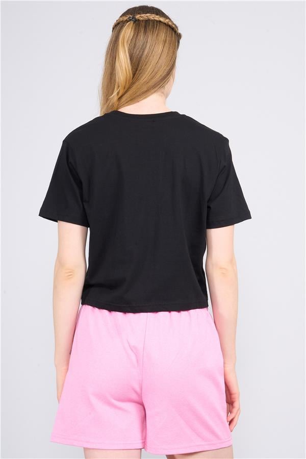 Çetinkaya Fithit 8286 Bayan Bisiklet Yaka 30/1 Compact Penye Süprem Crop T-shirt Siyah