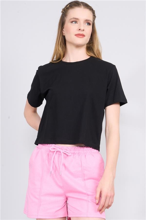 Çetinkaya Fithit 8286 Bayan Bisiklet Yaka 30/1 Compact Penye Süprem Crop T-shirt Siyah