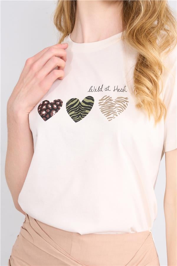 Çetinkaya Fithit 8318 Bayan Bisiklet Yaka 30/1 Compact Penye Süprem Baskılı T-shirt Koyu Krem