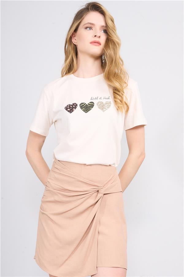 Çetinkaya Fithit 8318 Bayan Bisiklet Yaka 30/1 Compact Penye Süprem Baskılı T-shirt Koyu Krem