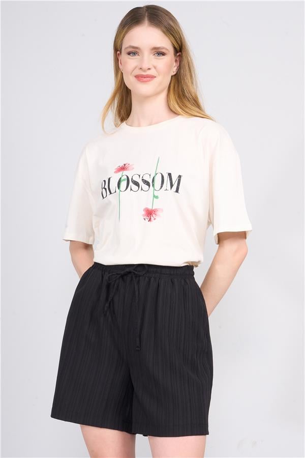 Çetinkaya Fithit 8327 Bayan Bisiklet Yaka 30/1 Penye Oversize T-shirt Krem