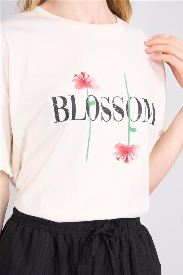 Çetinkaya Fithit 8327 Bayan Bisiklet Yaka 30/1 Penye Oversize T-shirt Krem