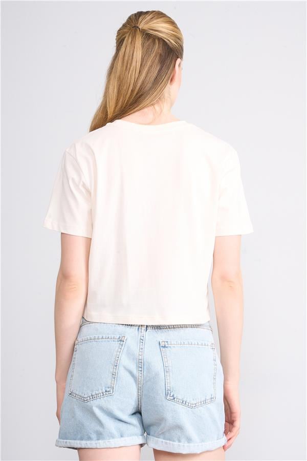 Çetinkaya Fithit 8328 Bayan Bisiklet Yaka 30/1 Penye Baskılı Crop T-shirt Koyu Krem
