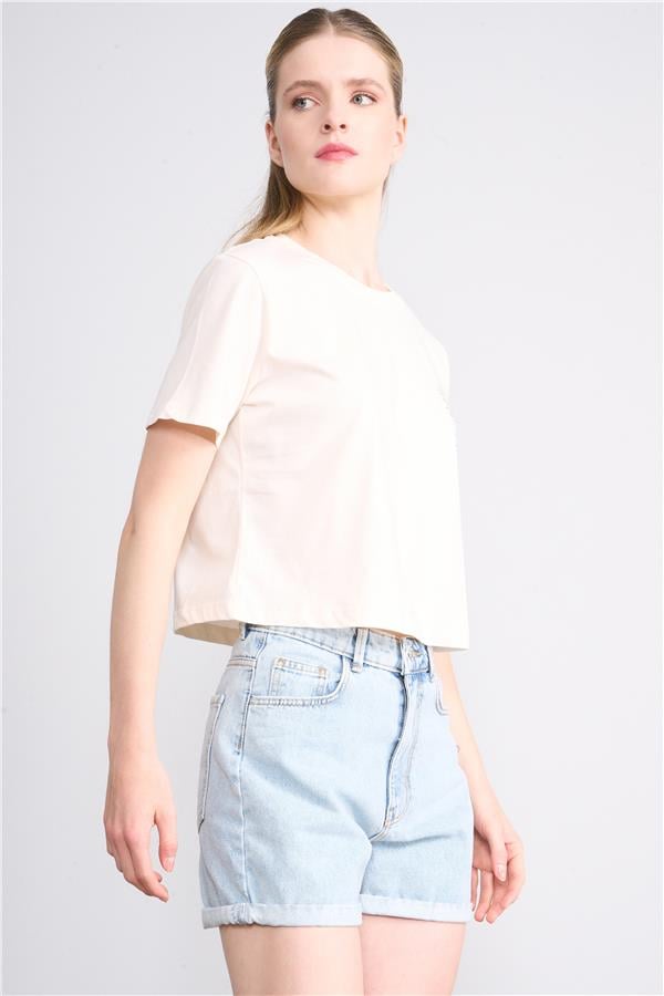 Çetinkaya Fithit 8328 Bayan Bisiklet Yaka 30/1 Penye Baskılı Crop T-shirt Koyu Krem
