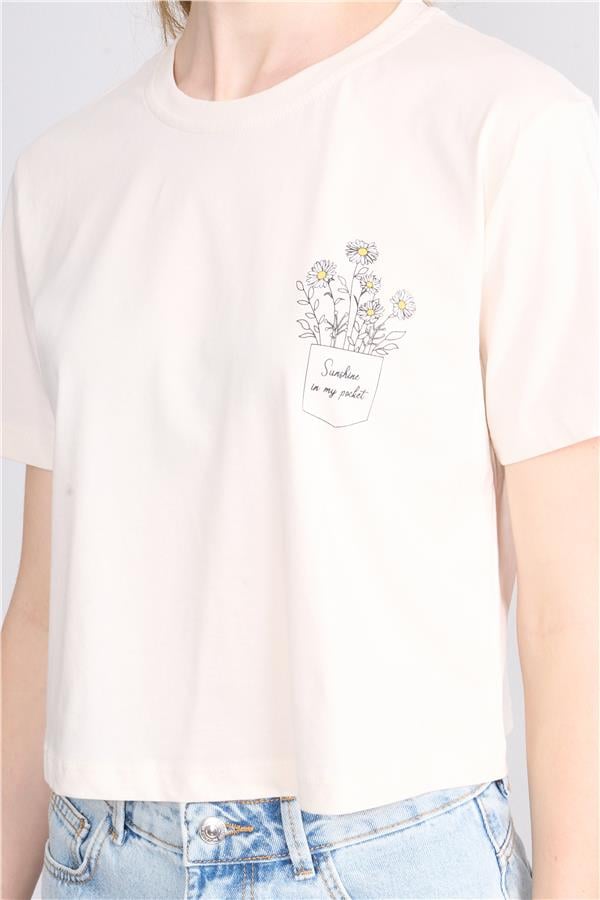 Çetinkaya Fithit 8328 Bayan Bisiklet Yaka 30/1 Penye Baskılı Crop T-shirt Koyu Krem