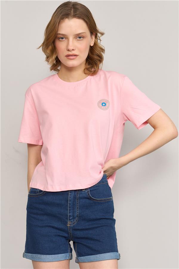 Çetinkaya Fithit 8336 Bayan Bisiklet Yaka 30/1 Compact Penye Süprem Baskılı Crop T-shirt Açık Pembe