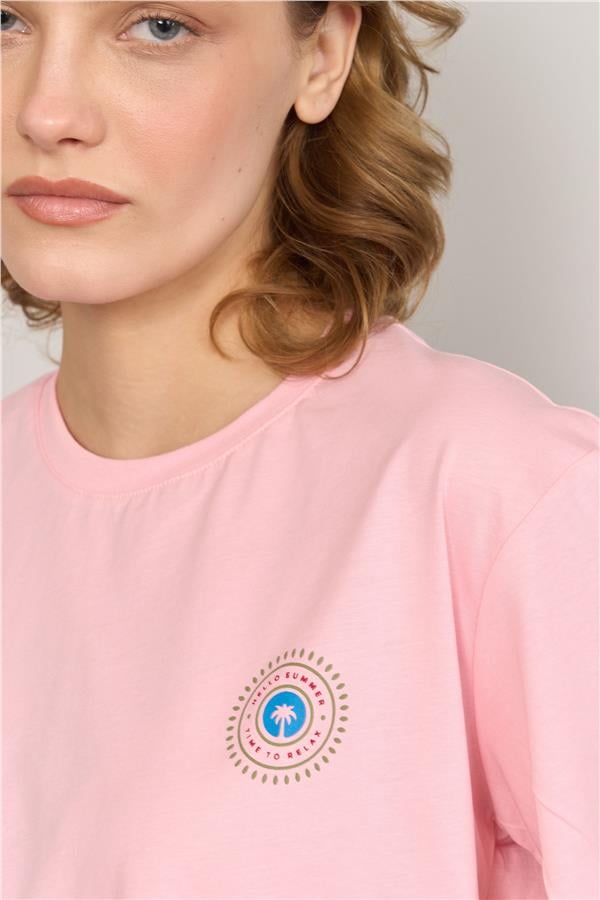 Çetinkaya Fithit 8336 Bayan Bisiklet Yaka 30/1 Compact Penye Süprem Baskılı Crop T-shirt Açık Pembe