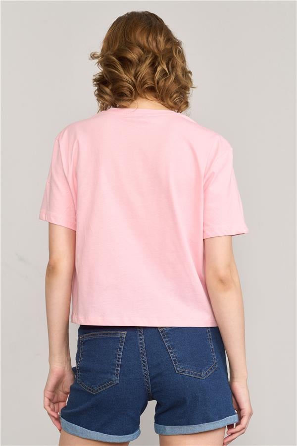 Çetinkaya Fithit 8336 Bayan Bisiklet Yaka 30/1 Compact Penye Süprem Baskılı Crop T-shirt Açık Pembe
