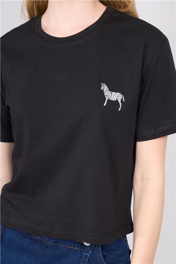 Çetinkaya Fithit 8346 Bayan Bisiklet Yaka 30/1 Penye Crop T-shirt Siyah