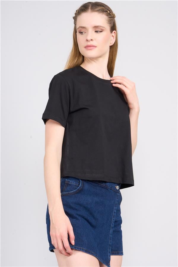 Çetinkaya Fithit 8346 Bayan Bisiklet Yaka 30/1 Penye Crop T-shirt Siyah