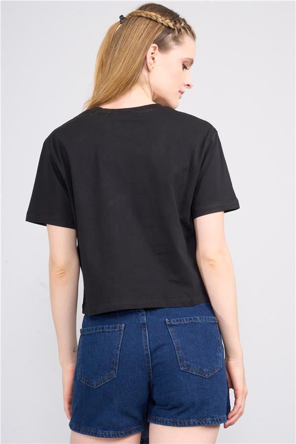 Çetinkaya Fithit 8346 Bayan Bisiklet Yaka 30/1 Penye Crop T-shirt Siyah