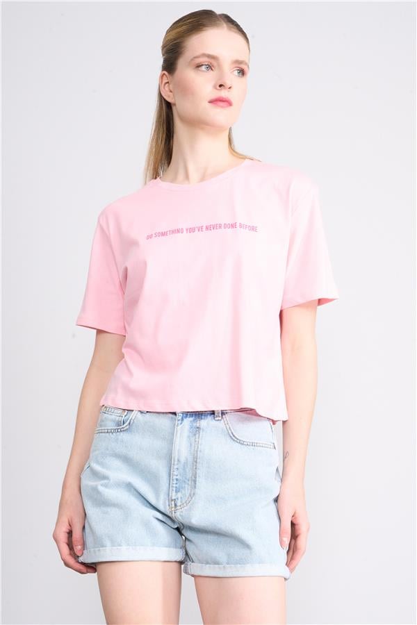 Çetinkaya Fithit 8356 Bayan Bisiklet Yaka 30/1 Penye Baskılı Crop T-shirt Açık Pembe