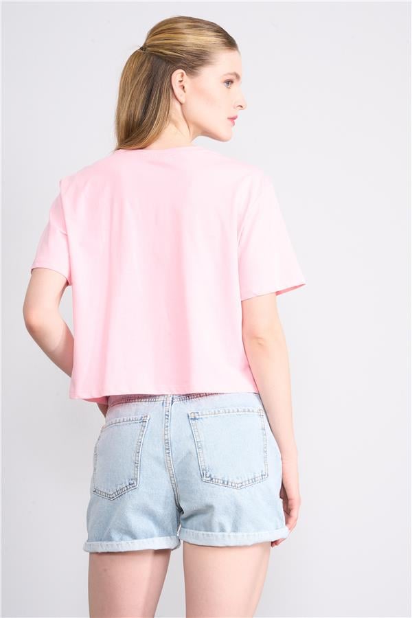 Çetinkaya Fithit 8356 Bayan Bisiklet Yaka 30/1 Penye Baskılı Crop T-shirt Açık Pembe