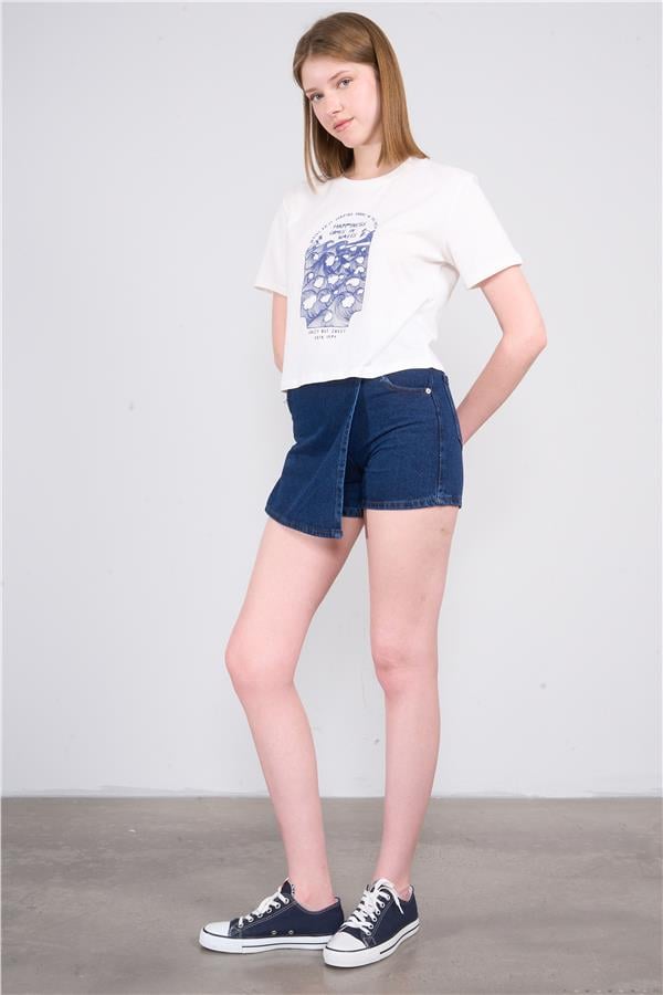 Çetinkaya Fithit 8358 Bayan Bisiklet Yaka 30/1 Penye Baskılı Crop T-shirt Krem