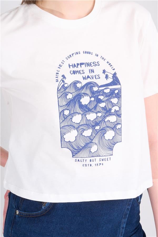 Çetinkaya Fithit 8358 Bayan Bisiklet Yaka 30/1 Penye Baskılı Crop T-shirt Krem