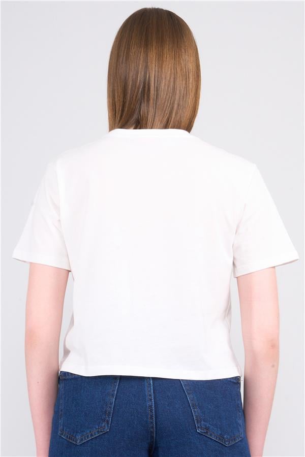 Çetinkaya Fithit 8358 Bayan Bisiklet Yaka 30/1 Penye Baskılı Crop T-shirt Krem