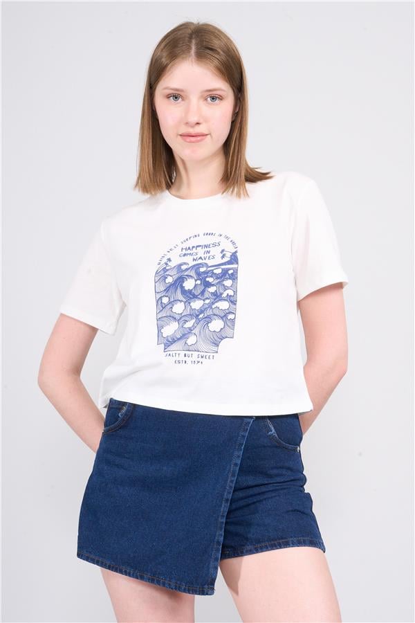 Çetinkaya Fithit 8358 Bayan Bisiklet Yaka 30/1 Penye Baskılı Crop T-shirt Krem