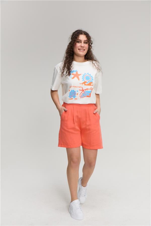 Çetinkaya Fithit 8374 Bayan Bisiklet Yaka 30/1 Penye Baskılı Oversize T-shirt Krem