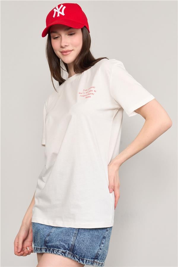 Çetinkaya Fithit 8380 Bayan Bisiklet Yaka 30/1 Penye Regular T-shirt Krem
