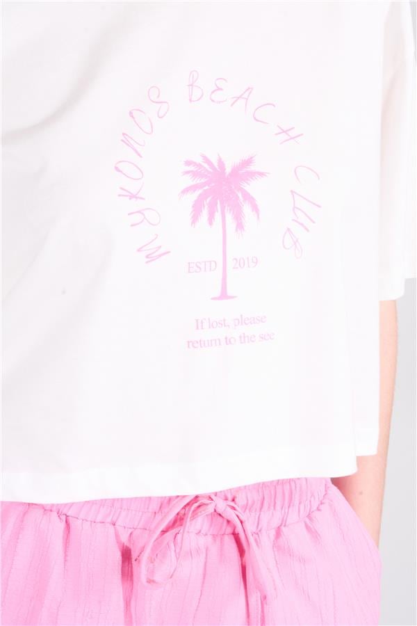 Çetinkaya Fithit 8385 Bayan Bisiklet Yaka 30/1 Penye Baskılı Oversize T-shirt Krem