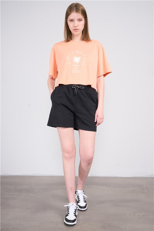 Çetinkaya Fithit 8385 Bayan Bisiklet Yaka 30/1 Penye Baskılı Oversize T-shirt Kayısı