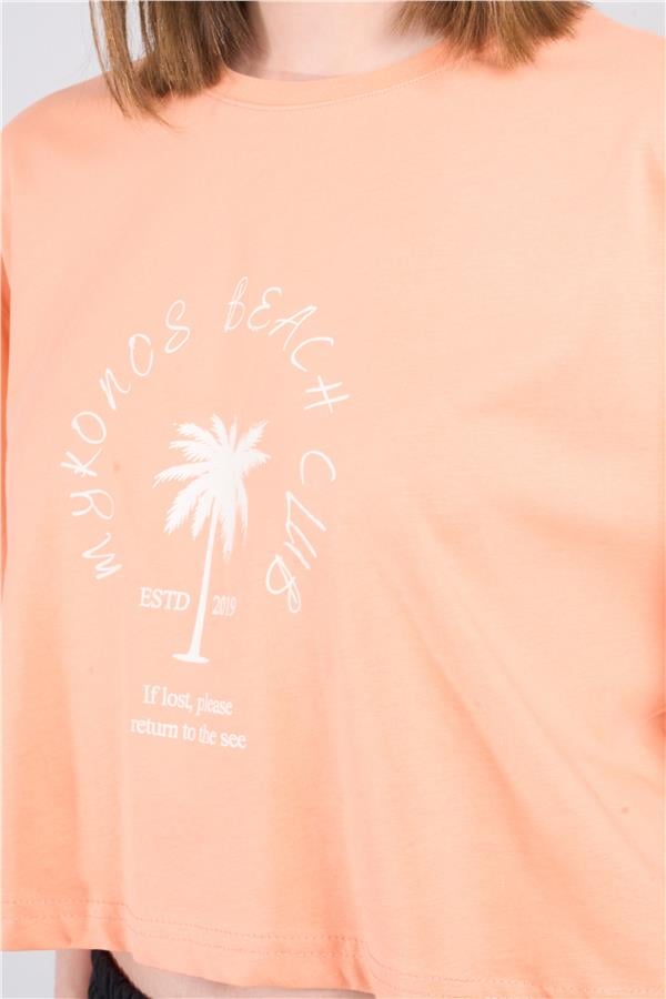 Çetinkaya Fithit 8385 Bayan Bisiklet Yaka 30/1 Penye Baskılı Oversize T-shirt Kayısı
