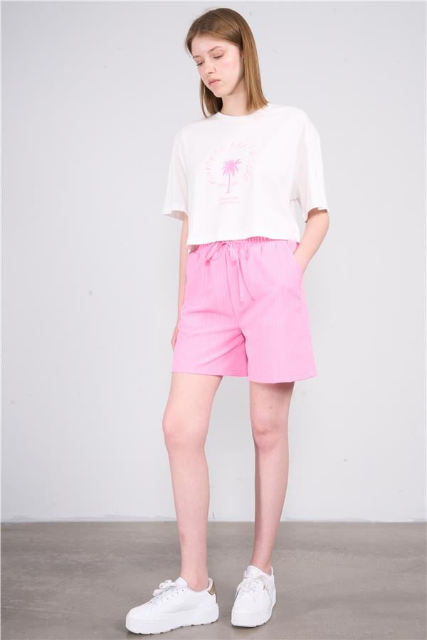 Çetinkaya Fithit 8385 Bayan Bisiklet Yaka 30/1 Penye Baskılı Oversize T-shirt Krem