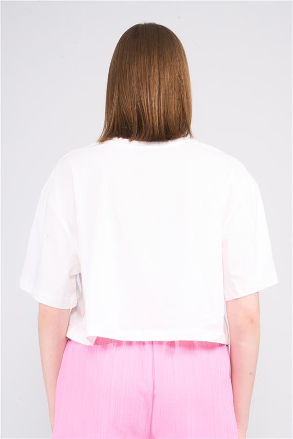 Çetinkaya Fithit 8385 Bayan Bisiklet Yaka 30/1 Penye Baskılı Oversize T-shirt Krem