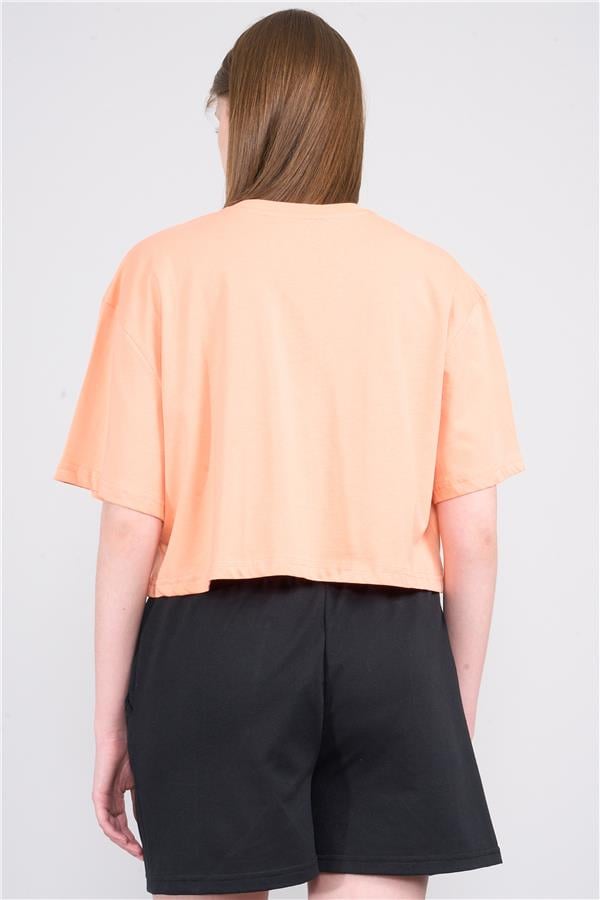 Çetinkaya Fithit 8385 Bayan Bisiklet Yaka 30/1 Penye Baskılı Oversize T-shirt Kayısı