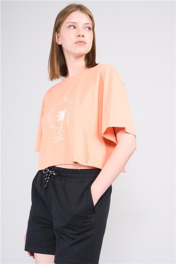 Çetinkaya Fithit 8385 Bayan Bisiklet Yaka 30/1 Penye Baskılı Oversize T-shirt Kayısı