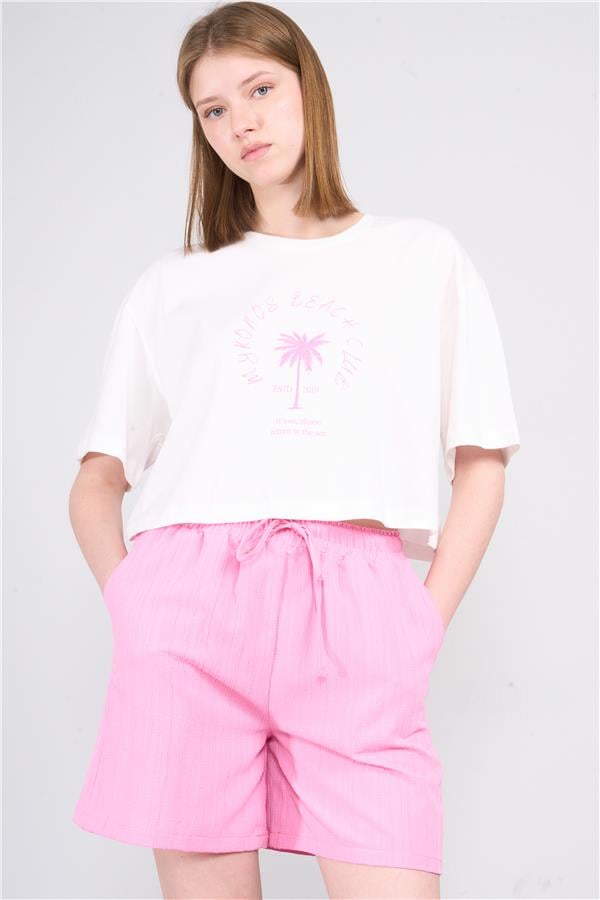 Çetinkaya Fithit 8385 Bayan Bisiklet Yaka 30/1 Penye Baskılı Oversize T-shirt Krem