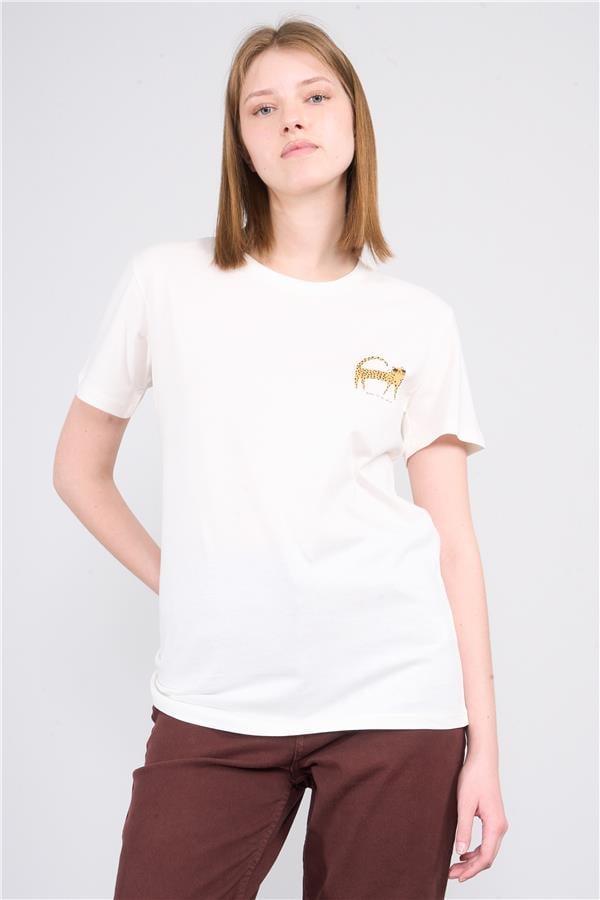 Çetinkaya Fithit 8414 Bayan Bisiklet Yaka 30/1 Penye Süprem Regular T-shirt Krem