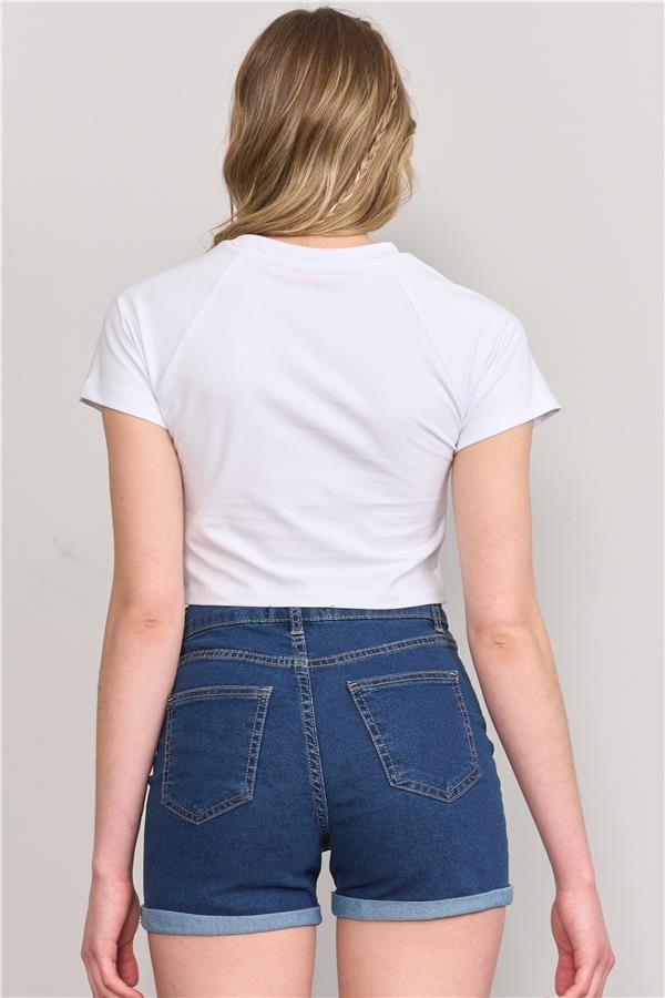 Çetinkaya Fithit 8429 Bayan Bisiklet Yaka 30/1 Compact Penye Süprem Crop T-shirt Beyaz