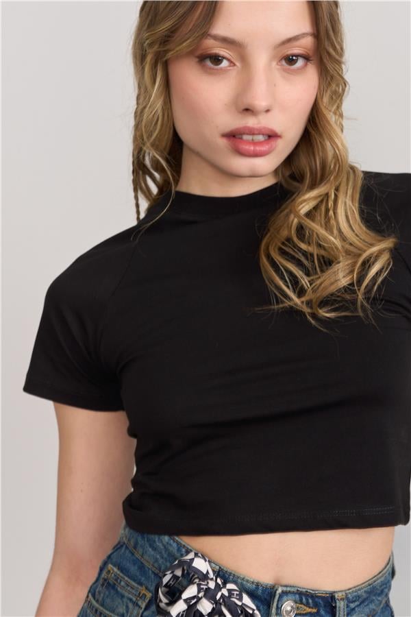 Çetinkaya Fithit 8429 Bayan Bisiklet Yaka 30/1 Compact Penye Süprem Crop T-shirt Siyah