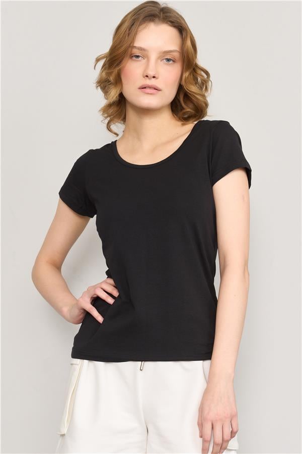 Çetinkaya Fithit 8469 Bayan Bisiklet Yaka 30/1 Compact Penye Süprem T-shirt Siyah