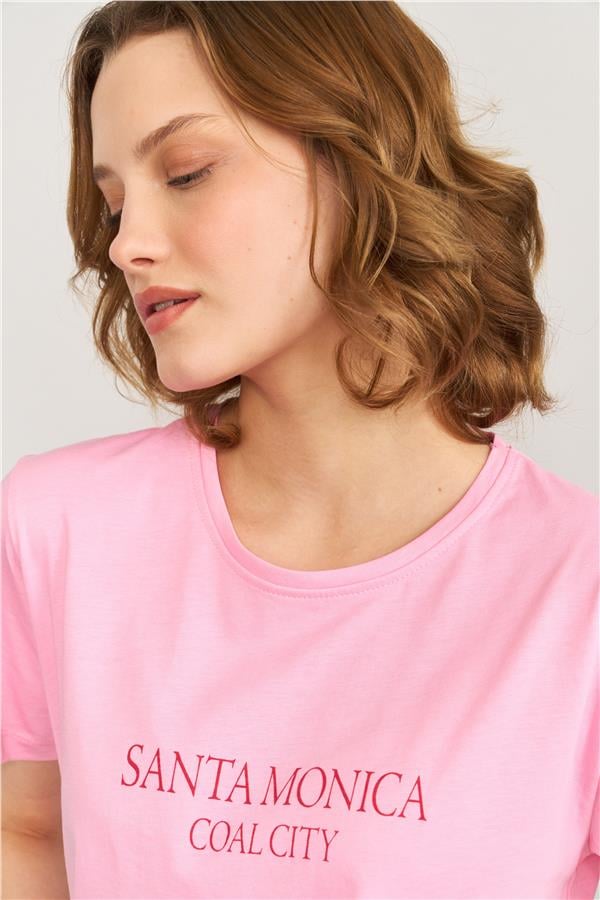 Çetinkaya Fithit 8470 Bayan Bisiklet Yaka 30/1 Compact Penye Süprem Baskılı T-shirt Pembe